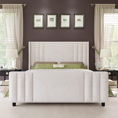 Miniatura 3 de AMERLIFE King Size Bed Frame Velvet Upholstered Platform Bed with Vertical Channel Tufted Headboard  FootboardWingback Mattress Foundation with Wood