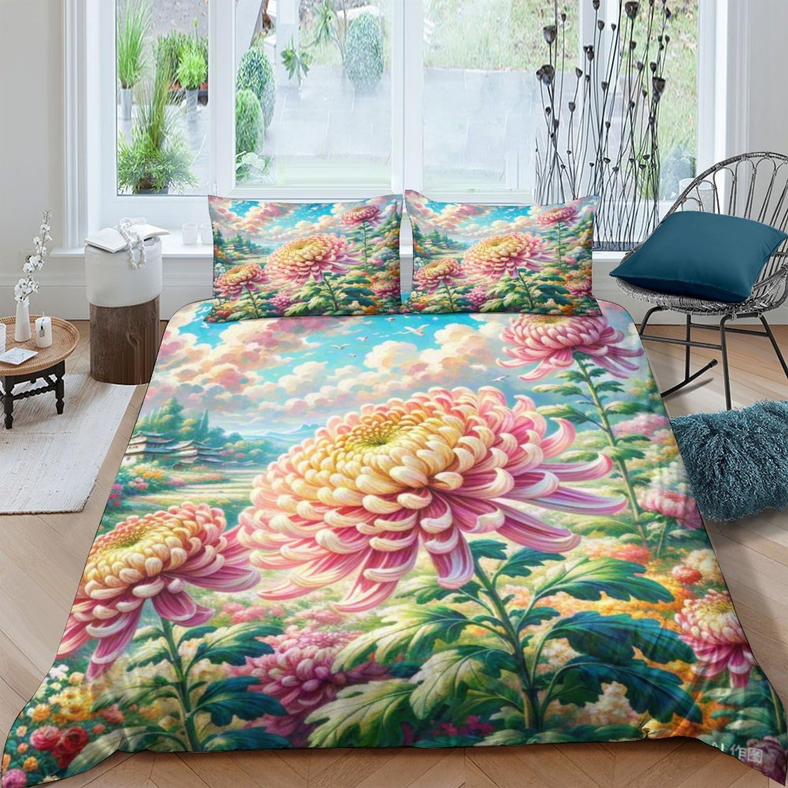 Parure de lit microfibre douce chrysanthème 3D premium 220x240 pour un confort absolu