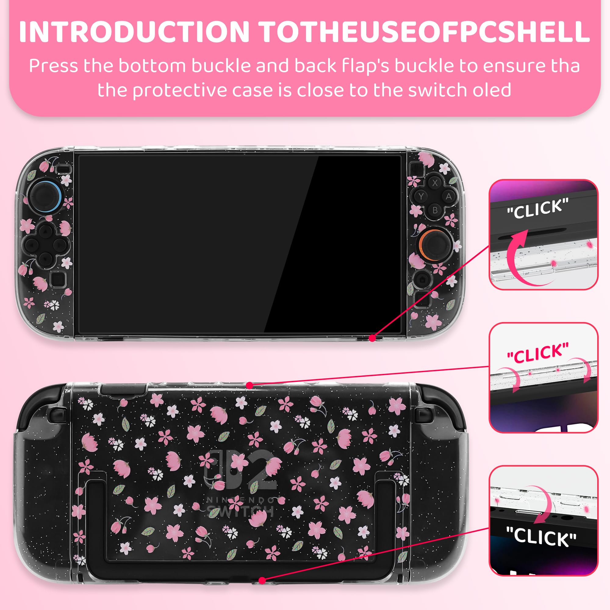 FANPL Custodia da trasporto carina per Nintendo Switch 2, kit di accessori per interruttore rosa con custodia rigida da viaggio con motivo floreale, cover Sakura glitterata, cinturino regolabile