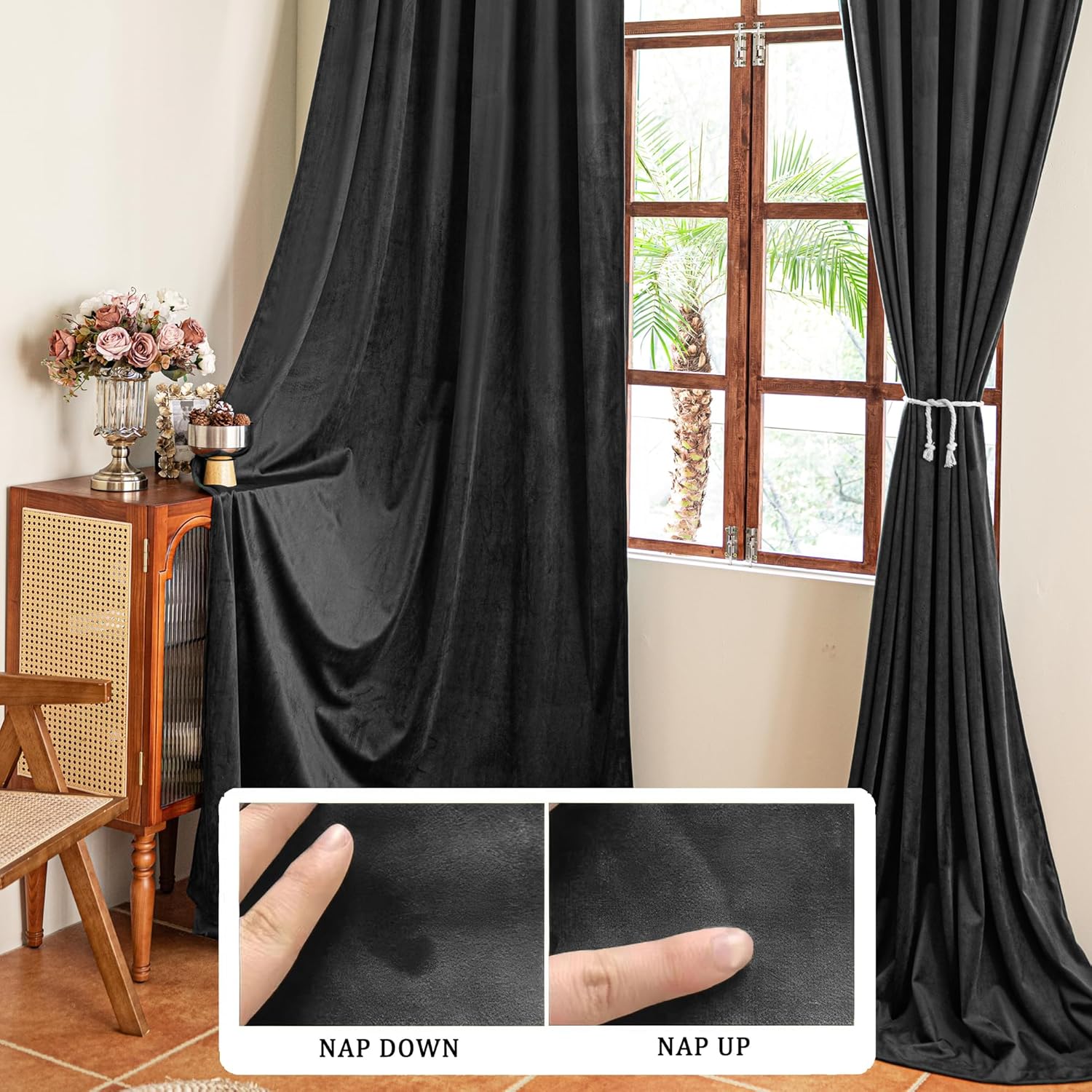 YOFUN 72 inches 2 Panels, Black Blackout Luxury Velvet Curtains Thermal Insulated Heat Block Soundproof Window Panels Soft Drapes for Bedroom Living Room, Rod Pocket & Back Tab, W52 x L72