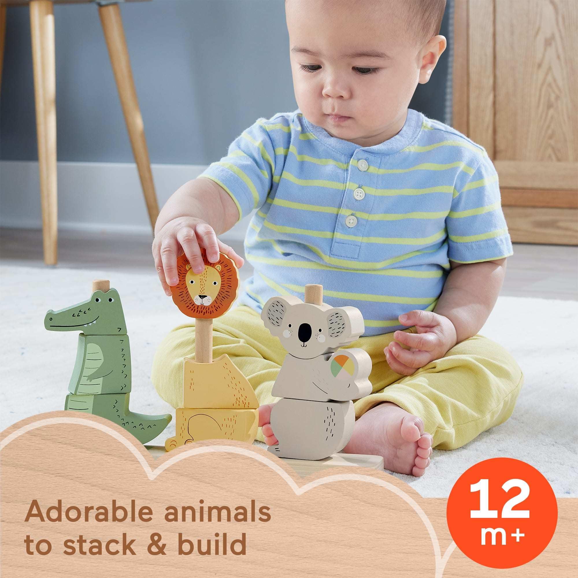 Fisher-Price Wood Baby Toy Stack & Sort Animals, 10 Wooden Pieces for Developmental Play for Infants & Toddlers Ages 1+ Years