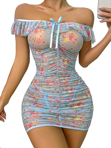 SOLY HUX Women's Floral Print Ruched Mesh Babydoll Lingerie Sleepwear Chemise with Thong - X-Large - Blue Floral