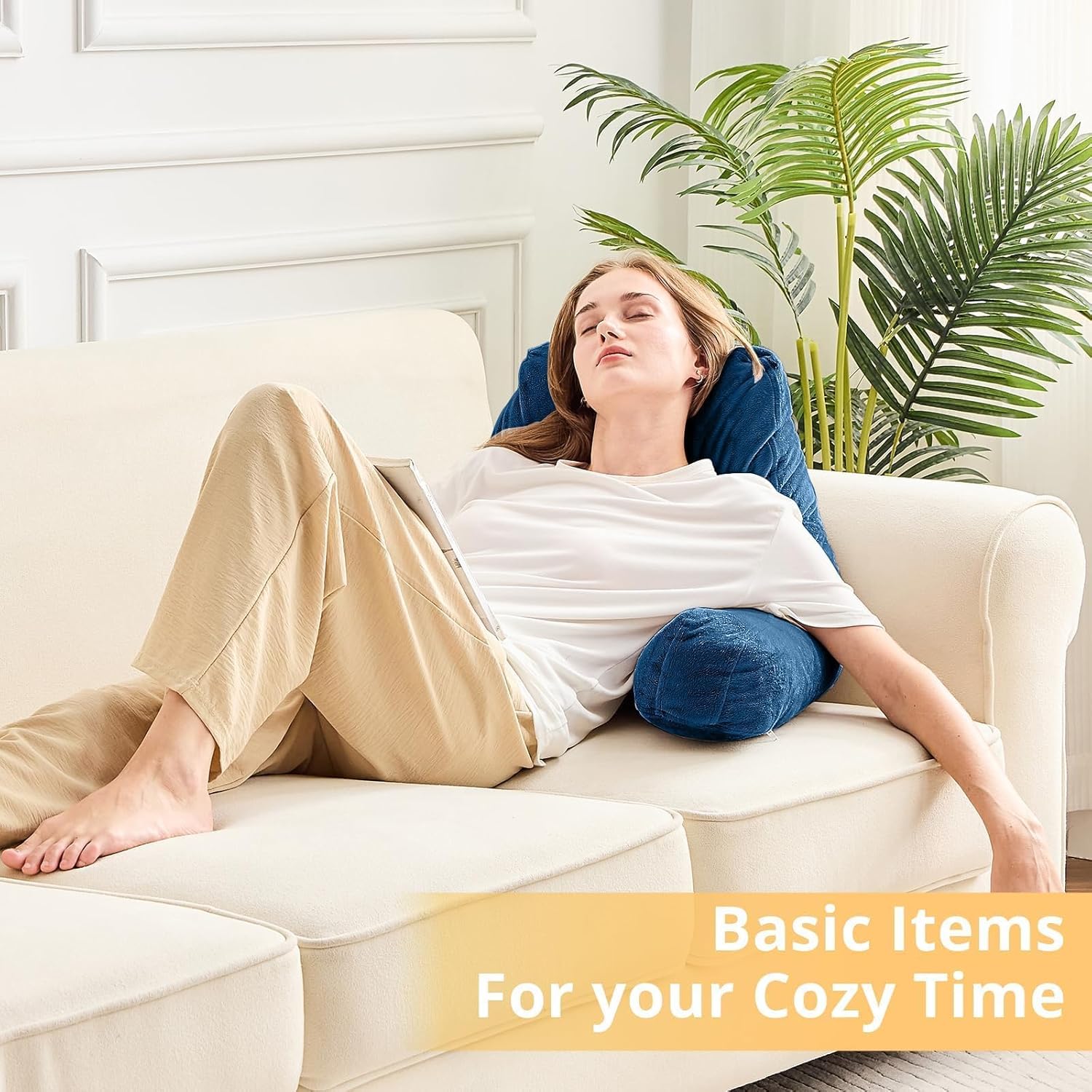 Sasttie Reading Pillow, Velvet Back Pillow for Bed Sitting Up, Adult Back-Rest Support Cushion with Arms for Sit Up on Couch, Sofa, and Floor, Dorm Essentials, Reading Accessories, Navy