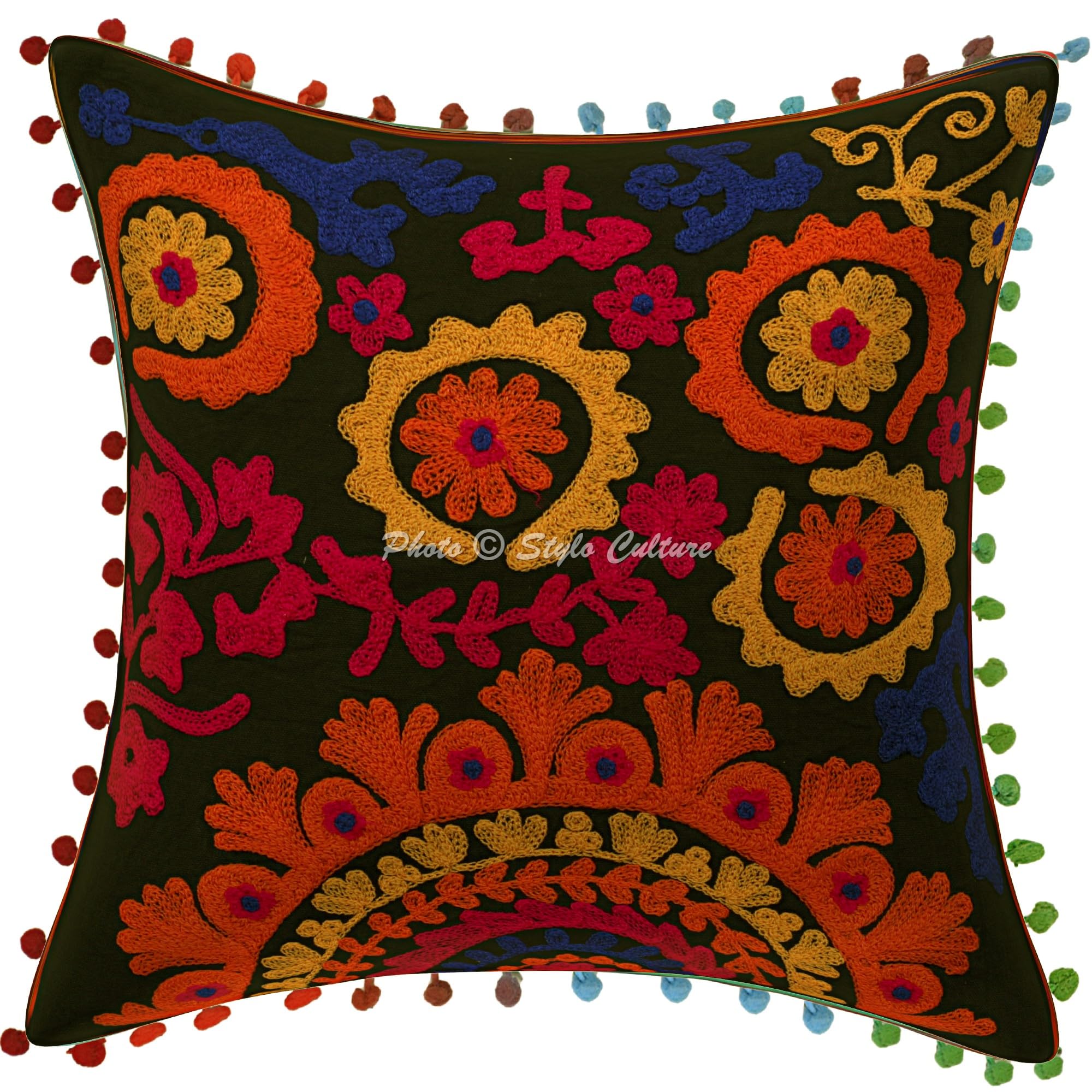 Ethnisch Dekorativ Baumwolle Sofa Kissenbezüge Suzani Bestickte Pom Pom Spitze Schwarz Dekokissen 40x40 cm Wohnzimmer Couch Kissenhullen Blumen Quadrat Kissen Bezüge - 4 STK.