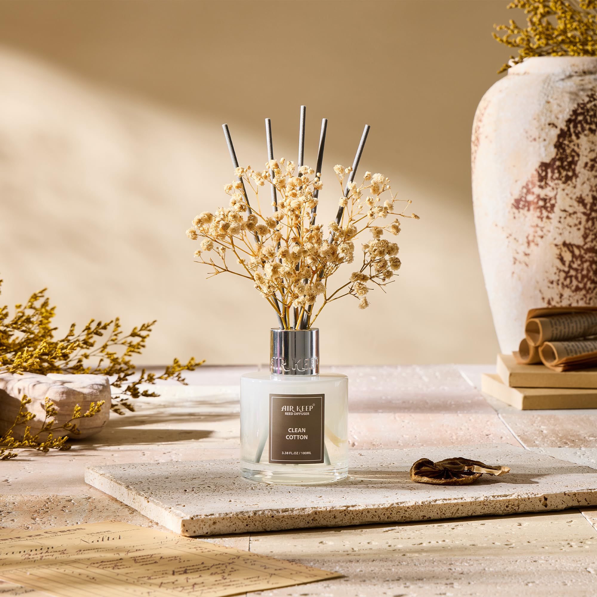 Airkeep Schilfrohr-Diffusor-Set, 100 ml – saubere Baumwollöl-Diffusoren mit 8 Schilfrohrstäbchen, Raumduft, Schilfrohr-Diffusor für Badezimmer-Regal-Dekor