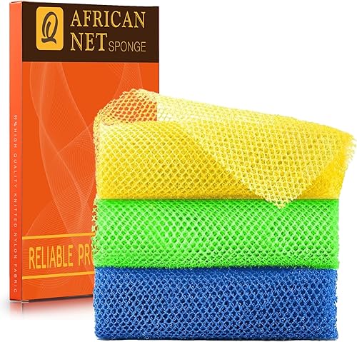 Vista 35 de Juego de ducha de 3 piezas de red exfoliante africana de estilo brillante, esponjas de baño largas para una piel suave y refrescada, el brillo