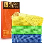 UJFQBH 3 Pieces African exfoliating net African Net Long Net Bath Sponge Exfoliating Shower Body Scrubber Back Scrubber Skin Smoother,Great for Daily Use (Yellow, Green, Blue)