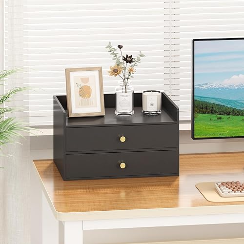 Miniatura 3 de Organizador de escritorio de bambú con cajones, caja de almacenamiento de escritorio de madera para facturas, suministros de oficina, utensilios de