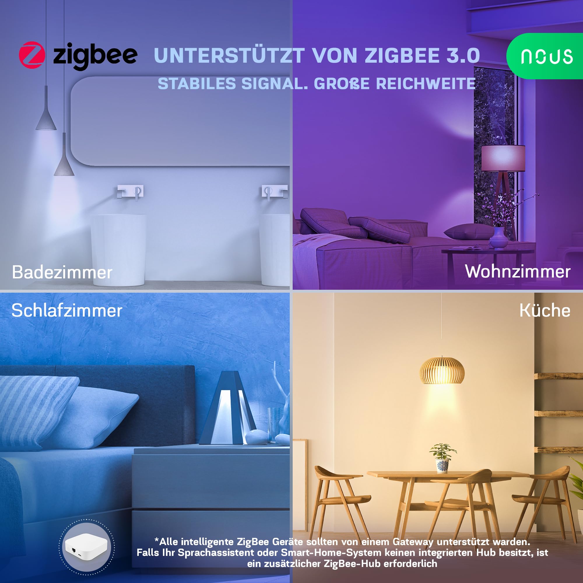 NOUS P3Z ZigBee Smart Glühbirne E27 LED, RGB, Kompatibel mit Alexa, Home Assistant, Google Home, SmartThings, Fernbedienung, Dekorative Glühbirne Zubehör, 2 Pack