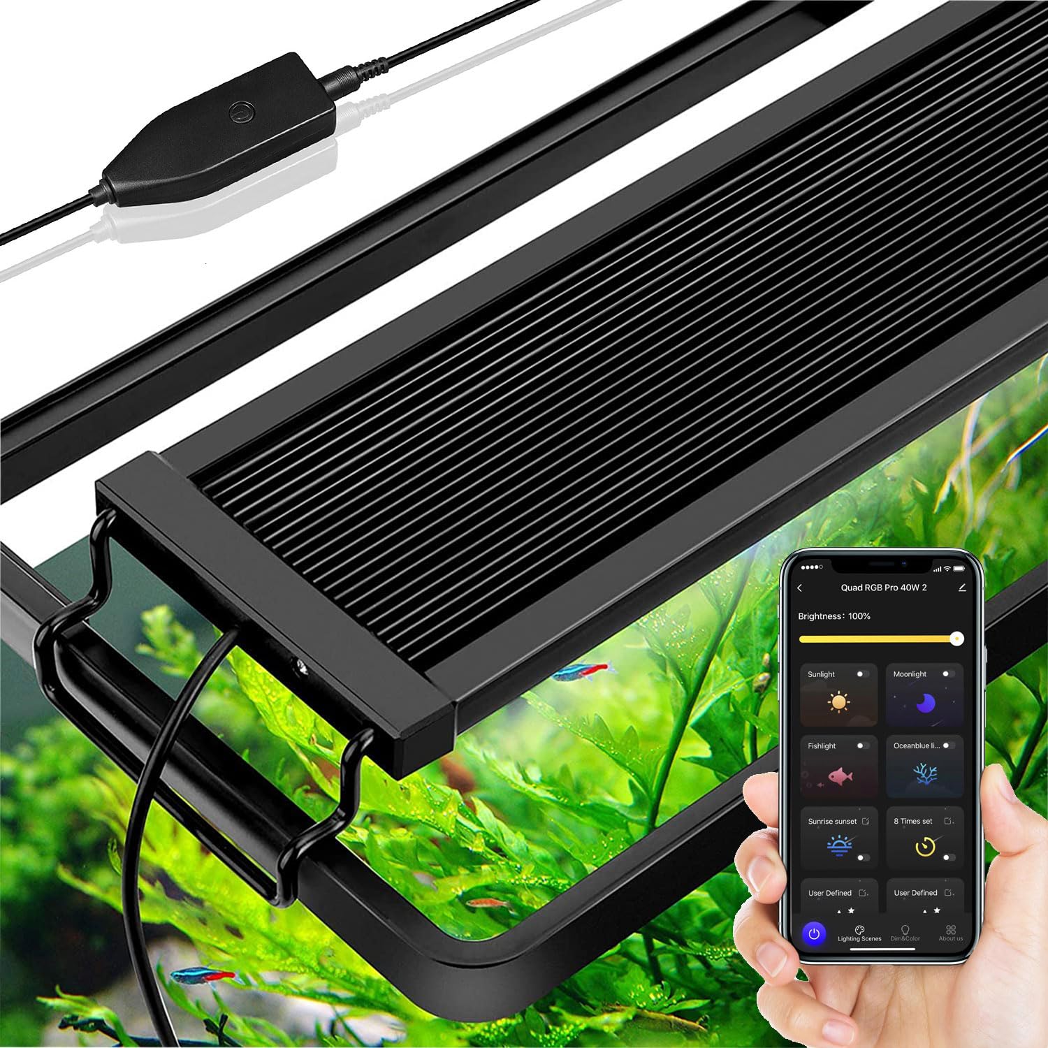 LED Aquarium Smart Éclairage Aquarium, Bluetooth Smart APP Control Fish Tank Light, 50W RGBW Spectre Complet Lumiere Eclairage, Mode programmable DIY, avec Minuterie,Convient 120-140cm aquariums.