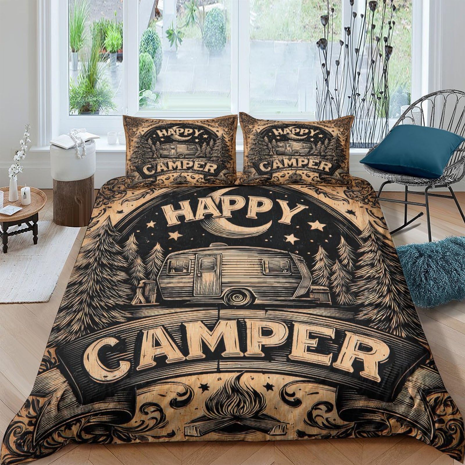 Ctjqhvkz Style-7 3D Printed Vintage Camper Fitted Sheet Microfiber Soft Breathable Happy Camper Bed Cover For Bedroom Guest Room Decor Single（135X200cm）