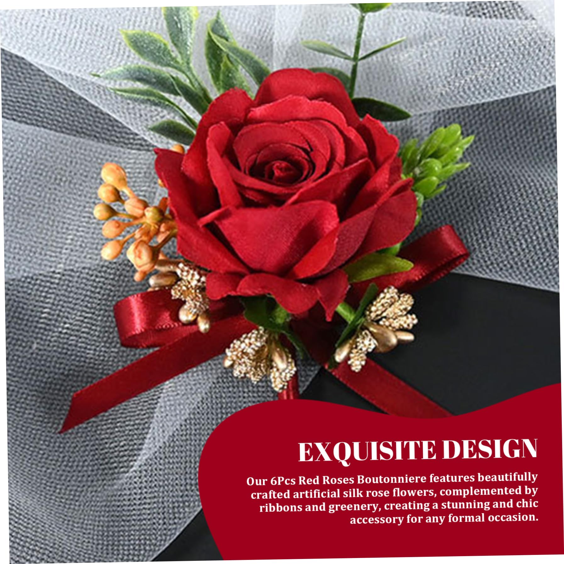 Lot de 6 Boutons de Roses Rouges pour Homme Exquis boutonnière Romantique avec épingle 5x3,5 Pouces Fleurs artificielles décoratives pour Mariage Bal Anniversaire fête