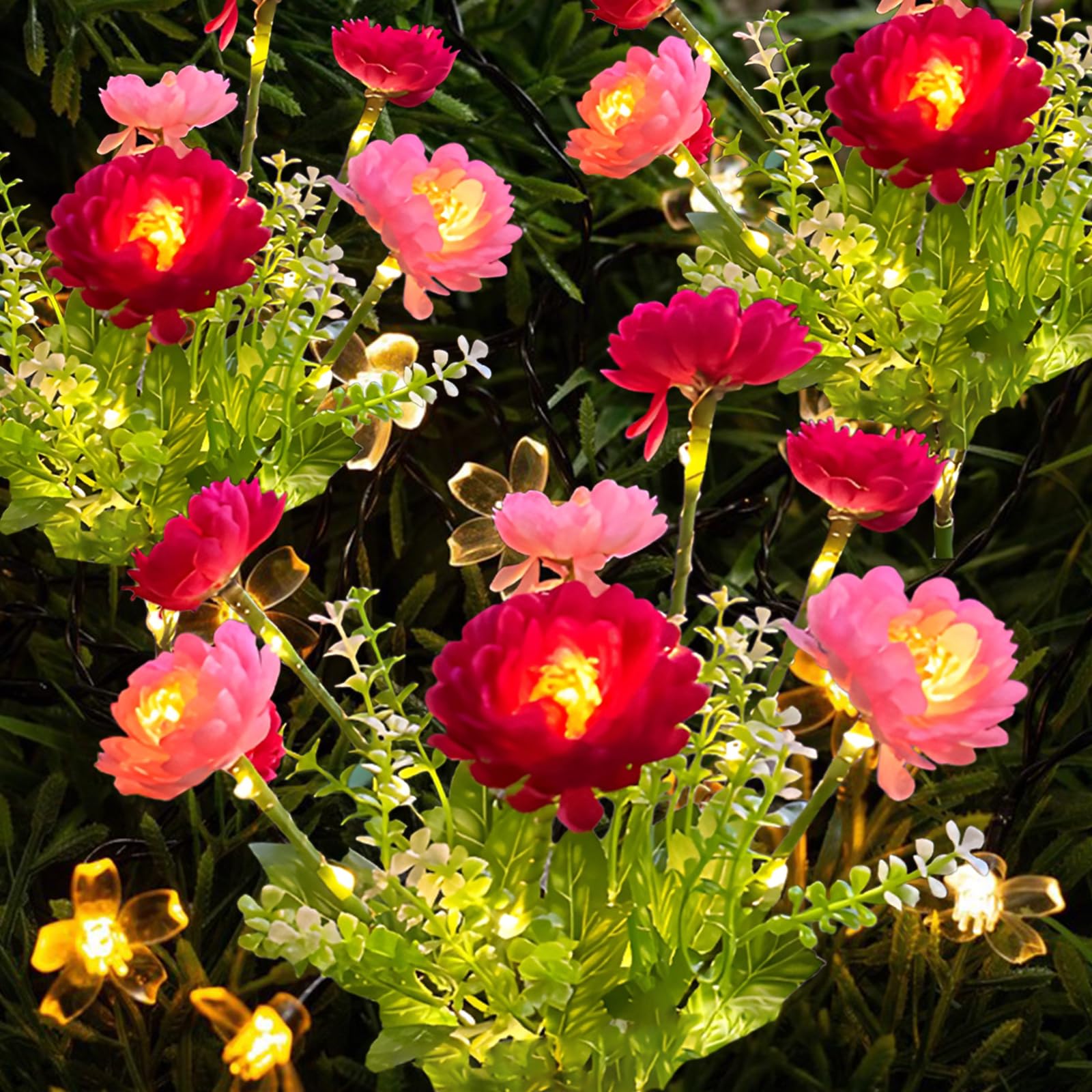 Yenergy 3-Pack Solar Garden Lights – 21 Solar Snow Lotus Flowers, Waterproof Auto On/Off Pathway Lights for Yard, Walkway, Patio & Cemetery Decor (Red