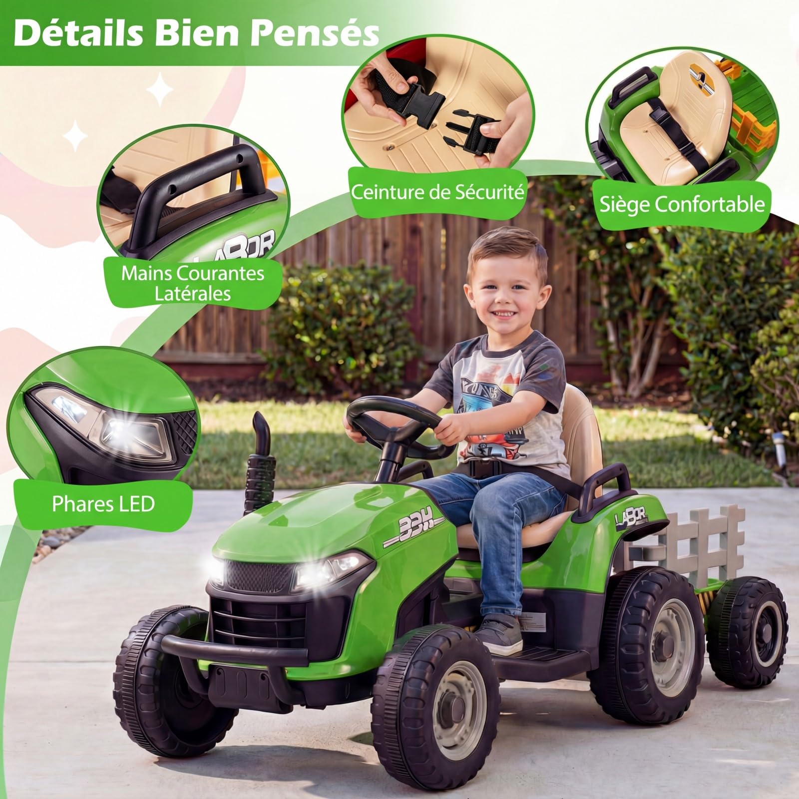 COSTWAY 24V Tracteur Électrique Enfant avec Remorque Amovible et Basculante, Voiture Électrique avec Télécommande 2,4G & Phares LED, Musique, 3,2-7 km/h, Démarrage Lent, Charge 30 kg, 3 Ans+ (Vert)