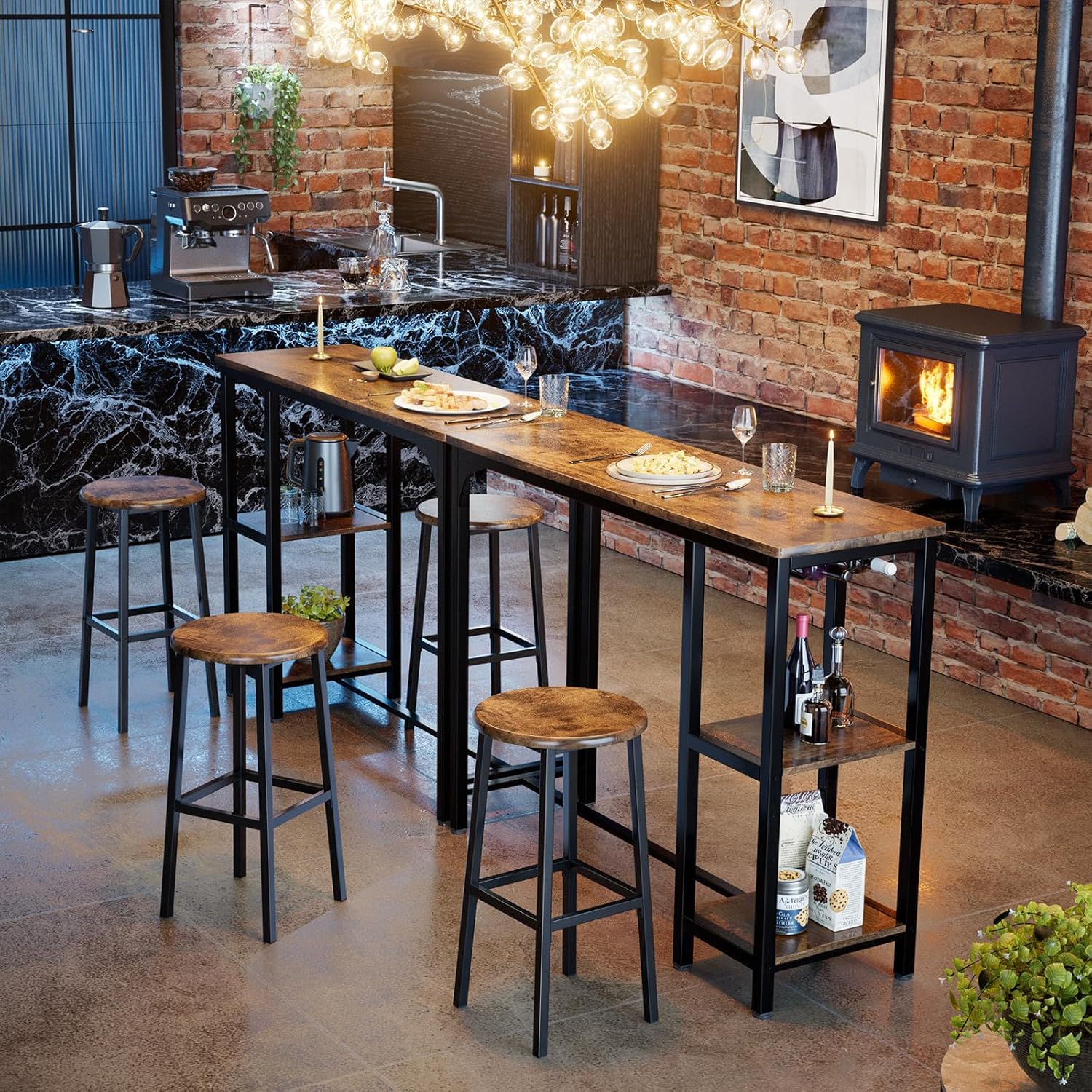 Bealife Ensemble Table de Bar avec 2 Tabourets – Table Haute Cuisine Multifonction avec 2 Étagères et Porte-Bouteilles, Table à Manger Debout Gain de Place pour Cuisine, Salon, Bar (Rétro)