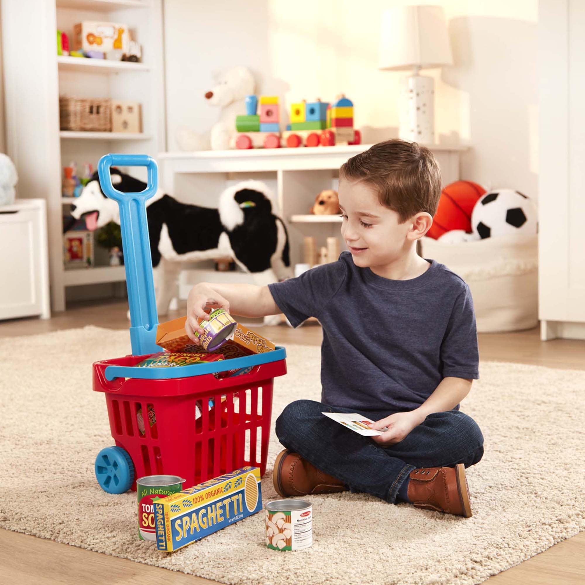 Melissa & Doug Carrellino della Spesa con Cibo Finto, Carrello Giocattolo con Ruote e Manico, Set Supermercato per Bambini con Lista Spesa, Gioco di Ruolo e Imitazione, 11 Pezzi, 3+ Anni