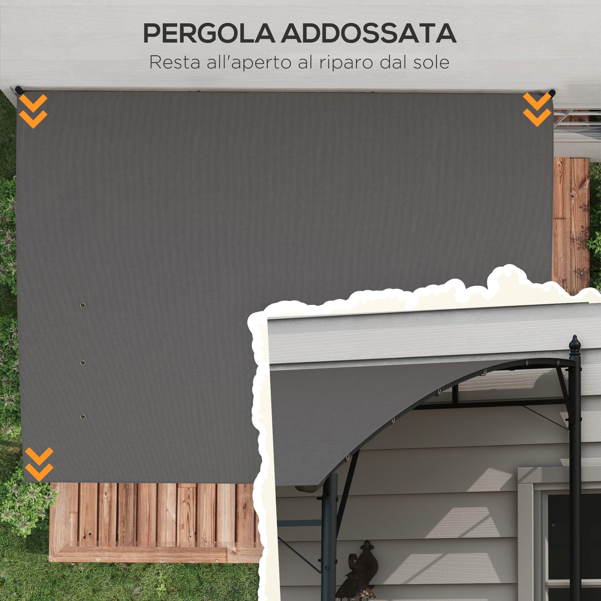 Outsunny Pergola Gazebo Metallica Tettuccio Poliestere 12 Fori Drenaggio 400x296x200/262 cm Grigio Scuro