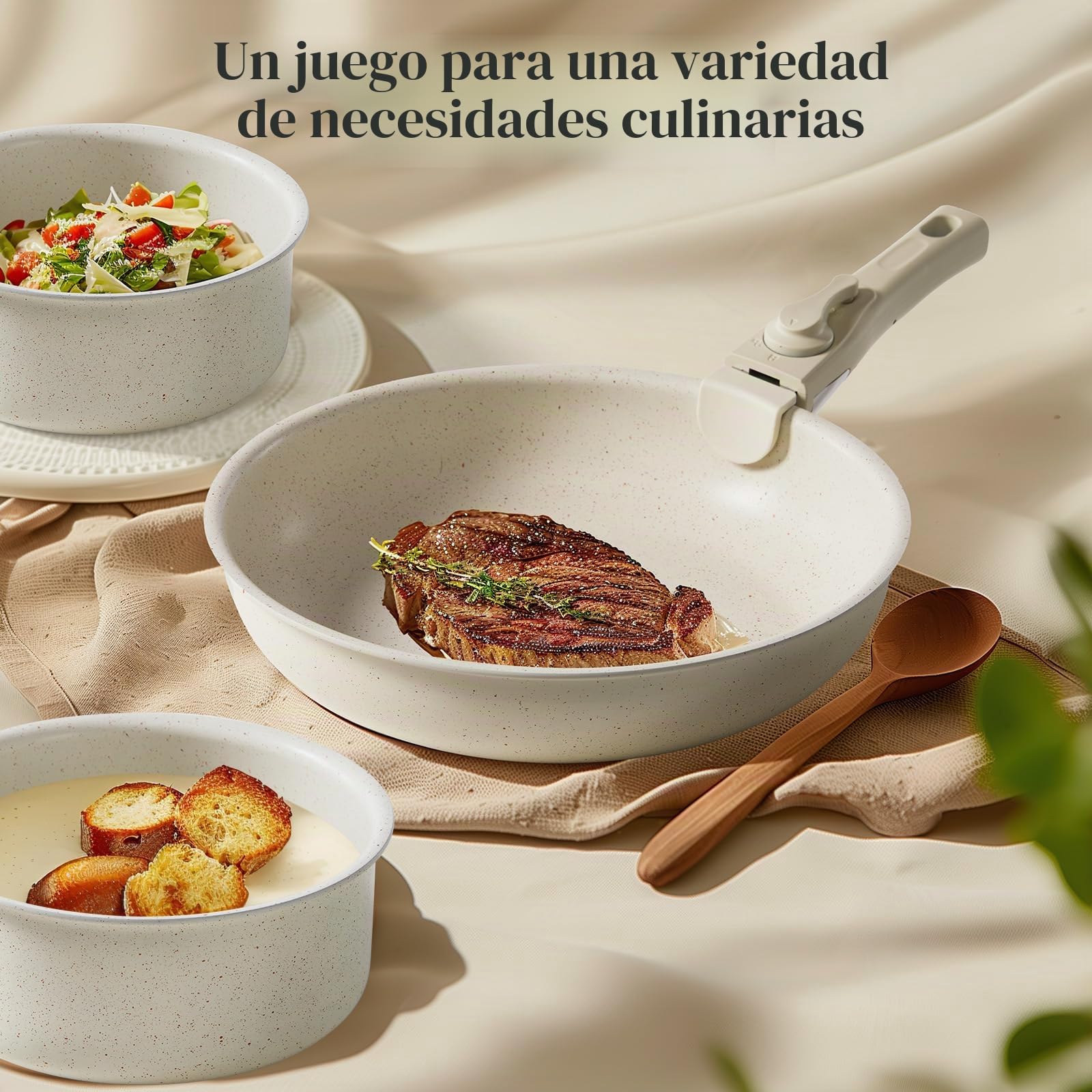 JHK Juego de 12 ollas y sartenes, juego de utensilios de cocina antiadherentes con mango desmontable, utensilios de cocina para tus necesidades de cocina en casa, beige