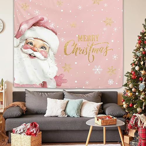 Miniatura 2 de Yookeb Tapiz rosa de Papá Noel de 59 pulgadas de ancho por 51 pulgadas de alto, para colgar en la pared, invierno, Navidad, Año Nuevo, copos de