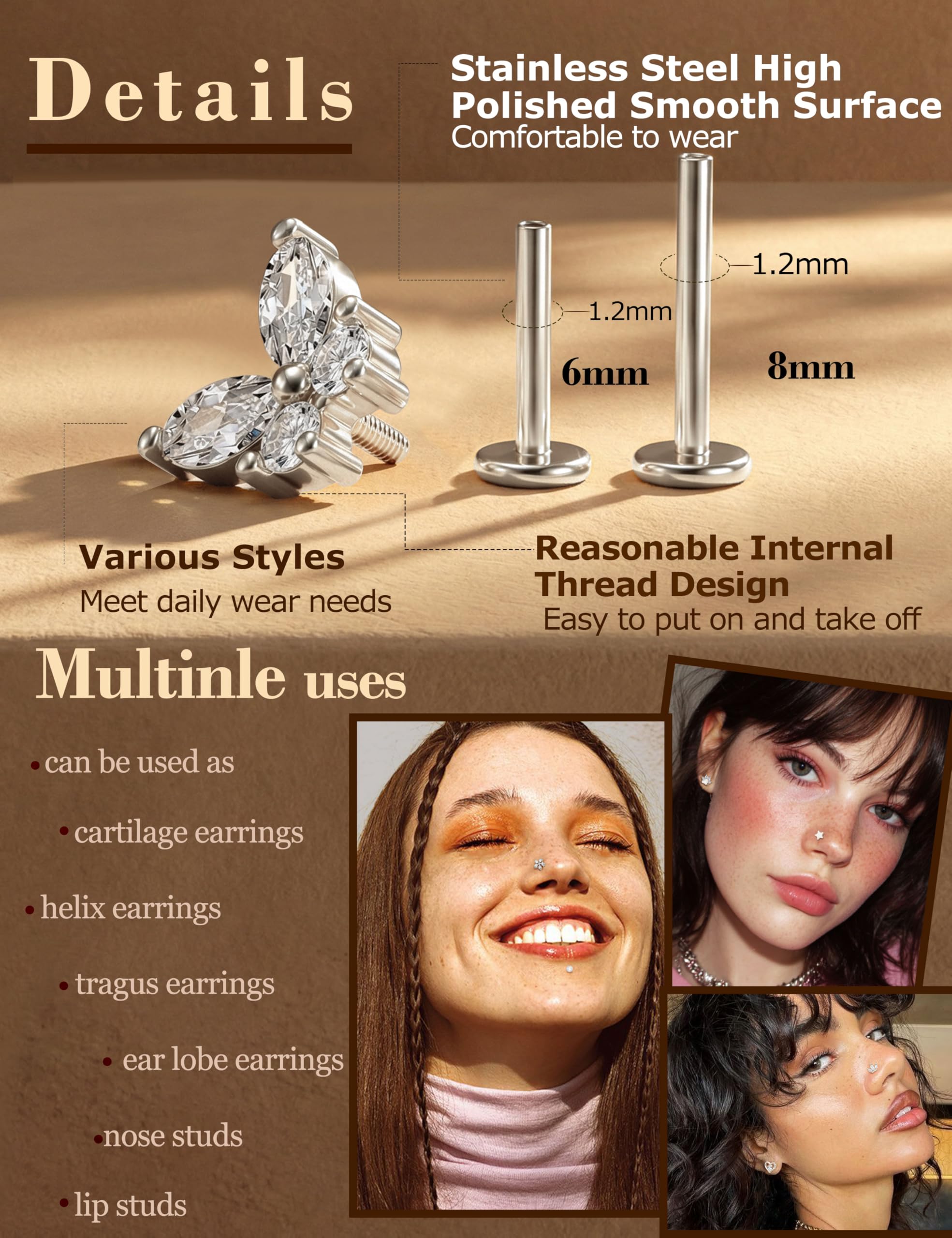 JewBella 12 Pezzi 16G Cartilagine Helix Orecchini per Donna Uomo Acciaio Chirurgico Filettato Internamente CZ Luna Cuore Stella Foglia Labret Monroe Naso Stud Piercing Conch Trago Helix Argento/Oro