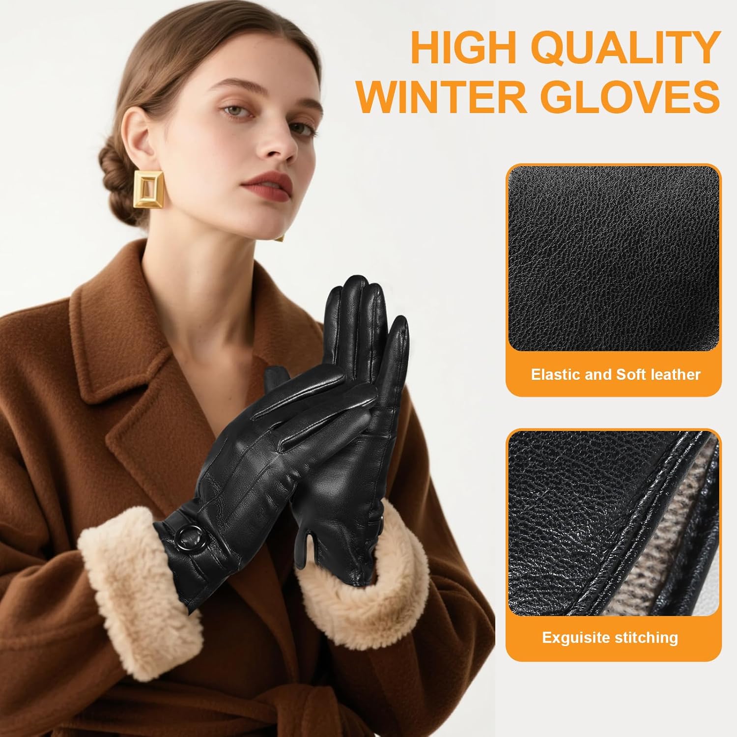 Womens Winter Leather Gloves for Women, Warm Touchscreen Texting Cashmere Lined Warm Lambskin Gloves - Image 7