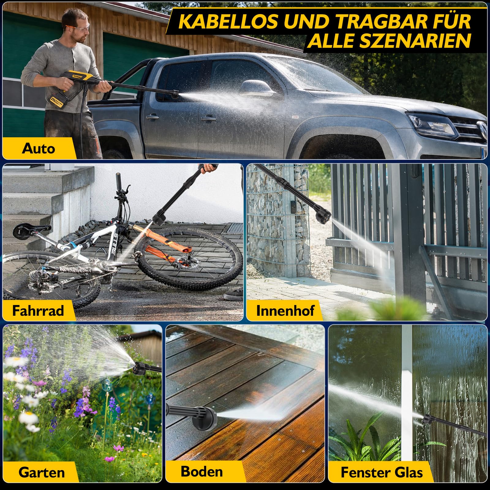 Akku Hochdruckreiniger 21V, 68 Bar, 2X 4000mAh Akkus | Bürstenloser Motor, 180°/360° Drehdüse, 6 in 1 Düse, Flaschenanschluss, Verlängerungsstange