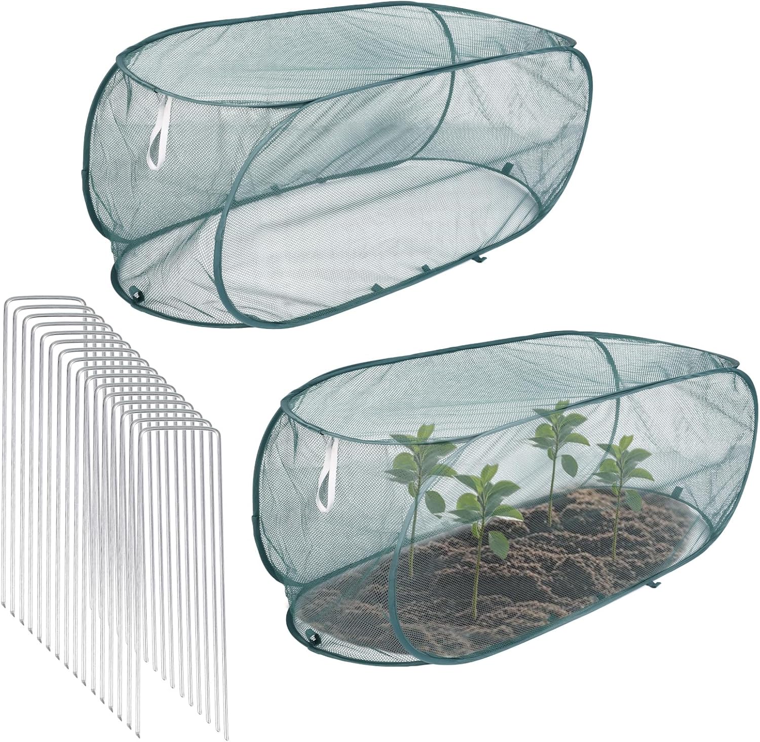 Lyreh 2pcs Pop Up Mesh Plant Cover, 39x18x16in Outdoor Pop Up Garden Netting Plant Cover with 16 Ground Stakes Suitable for Protecting Vegetables Fruits Flowers Seedlings