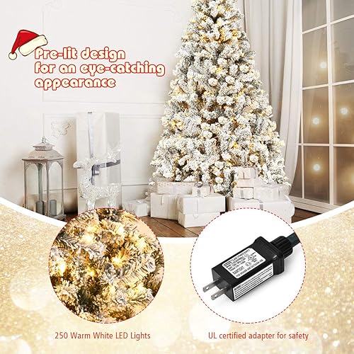 Miniatura 76 de Goplus - Árbol de Navidad artificial preiluminado de 9 pies, pino nevado articulado de PVC de alta calidad con base metálica y luces LED, decoración