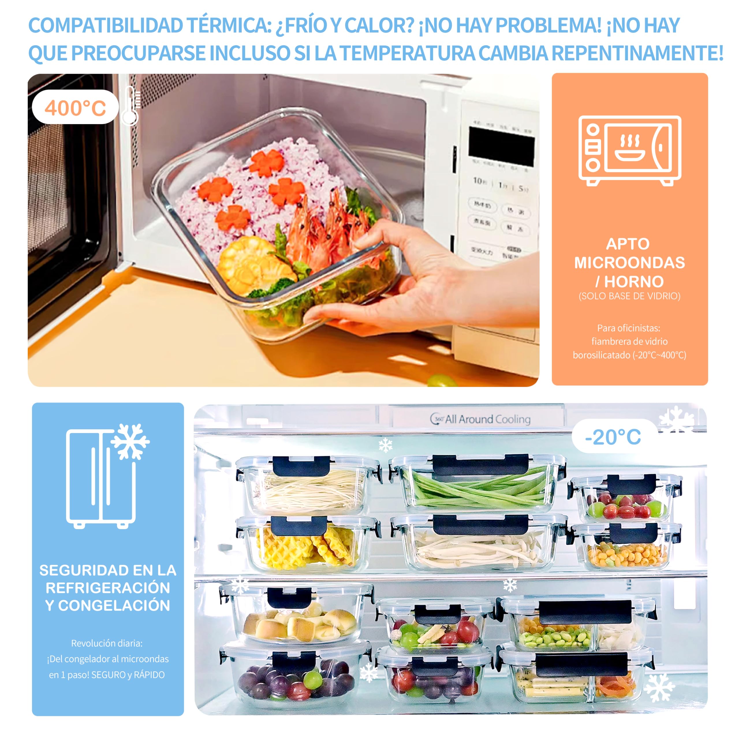 ERUIV Recipientes de Cristal para Alimentos - Juego de 6 - Tapers Herméticos 1040 ml - Con Tapa - Sin BPA - Aptos para Lavavajillas, Congelador y Microondas