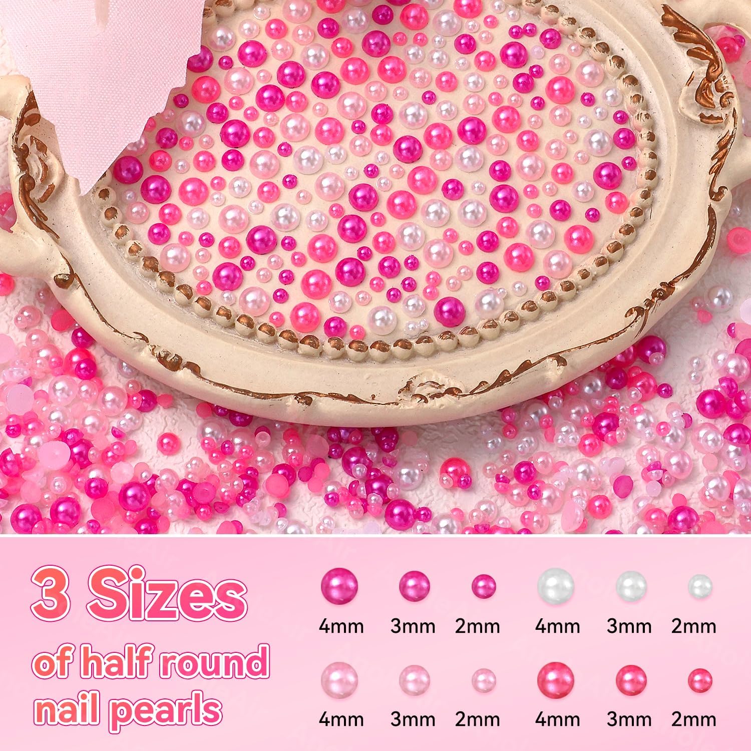 Pink White Nail Pearls for Nail Art, Pearl Nail Charms Gems for Nail Art Designs, Pearl Beads for Crafting, Small Tiny Half Pearl Beads for DIY Nail Art, Face Makeup and Craft - Image 2