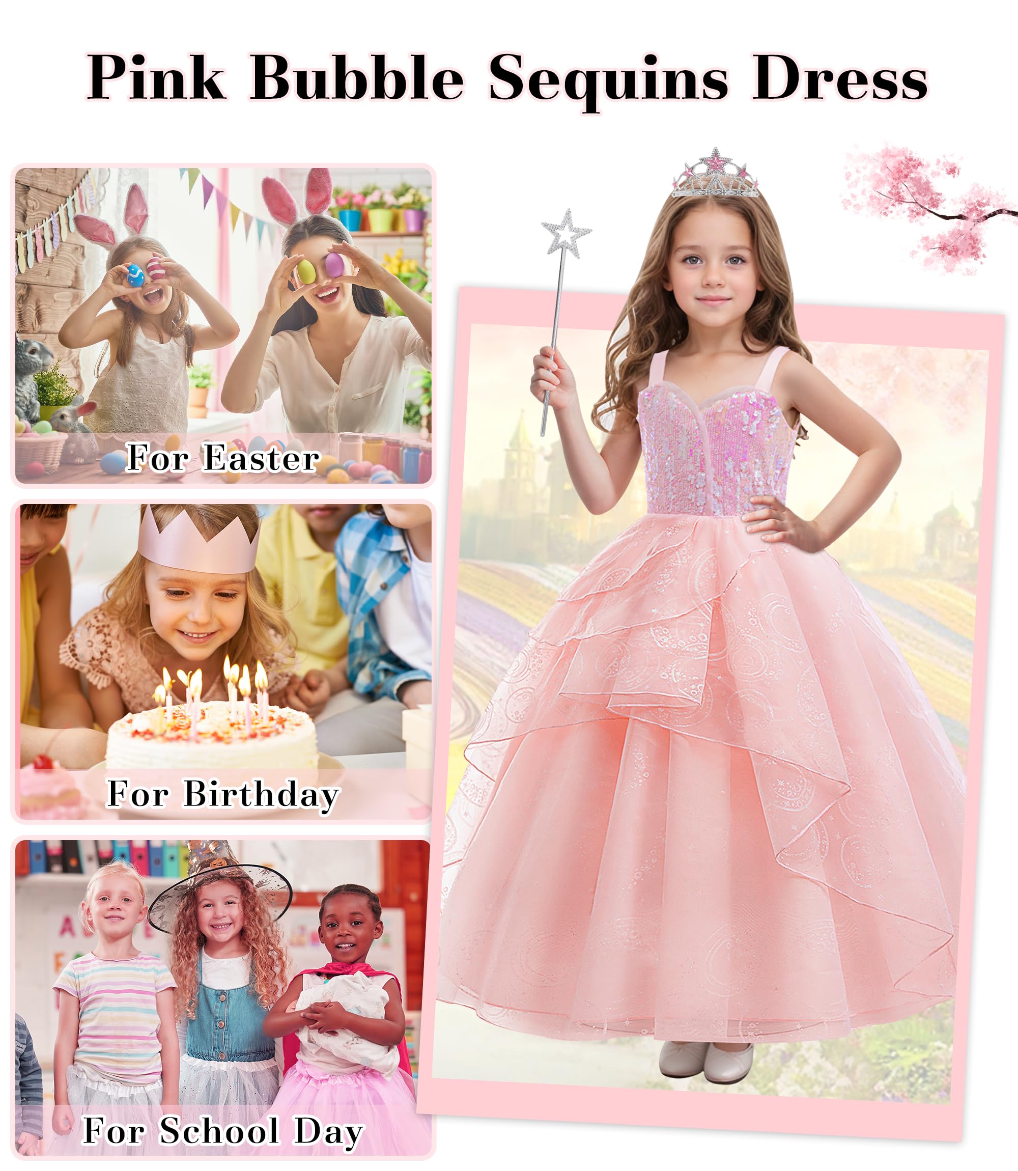 keaiyouhuo Girls Pink Bubble Costume for Kids Pink Witch Tulle Dress Princess Sequins Outfits with Accessories - Image 2