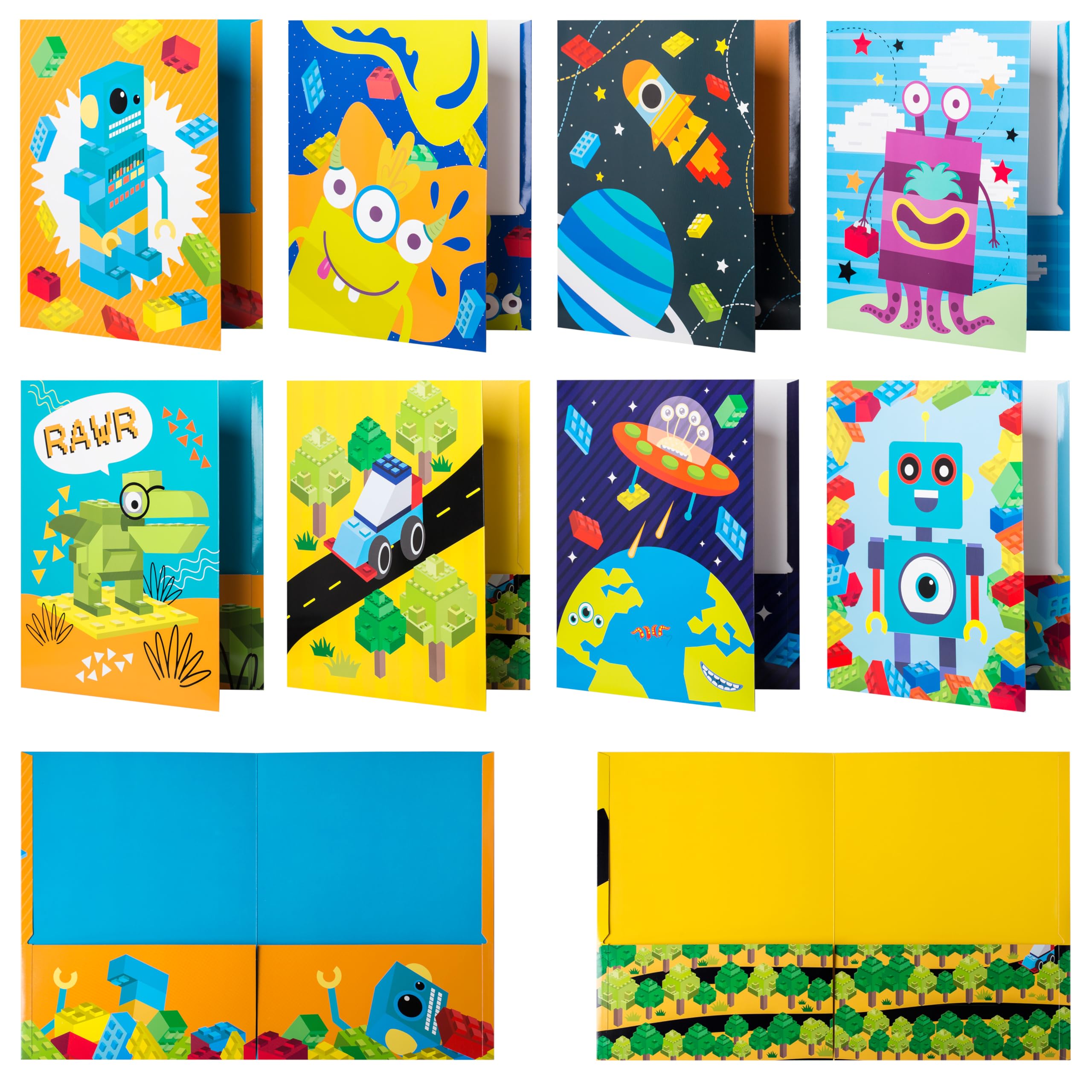 8 Kids Pocket Folders - Homework Folders in Futuristic Robots, Spaceships and Blocks Themes - Kids Folders with Pockets -8 Unique Designs in Front and Back Cover- 2 x 9.25 inch (8 Pack)