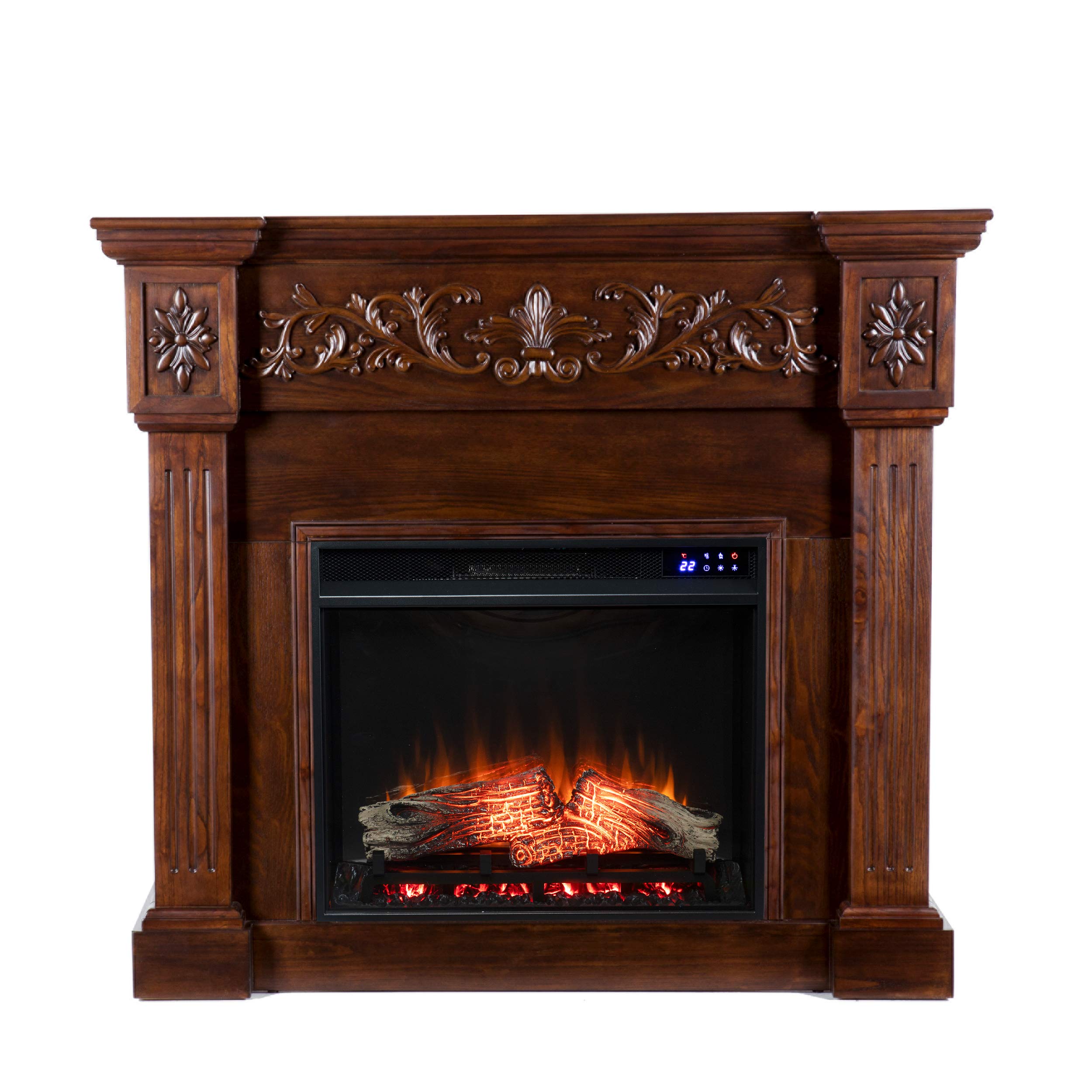 SEI Furniture Calvert Electric Fireplace with Carved Floral Trim, New Espresso