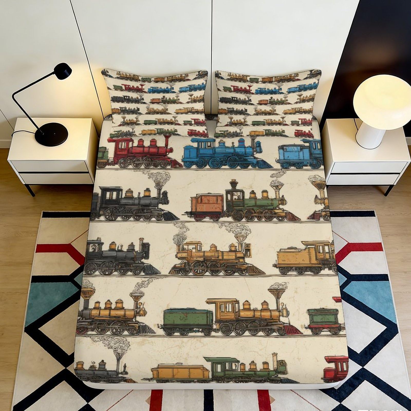 3D Printed Vintage Train Fitted Sheet Microfiber Soft Breathable Locomotive Bed Cover for Bedroom Dorm Decor 90x200x25cm