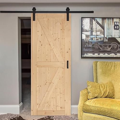 Miniatura 2 de YESHOMY Puerta corredera de granero de madera 28 in x 84 in, con manija, riel y ruedas, beige