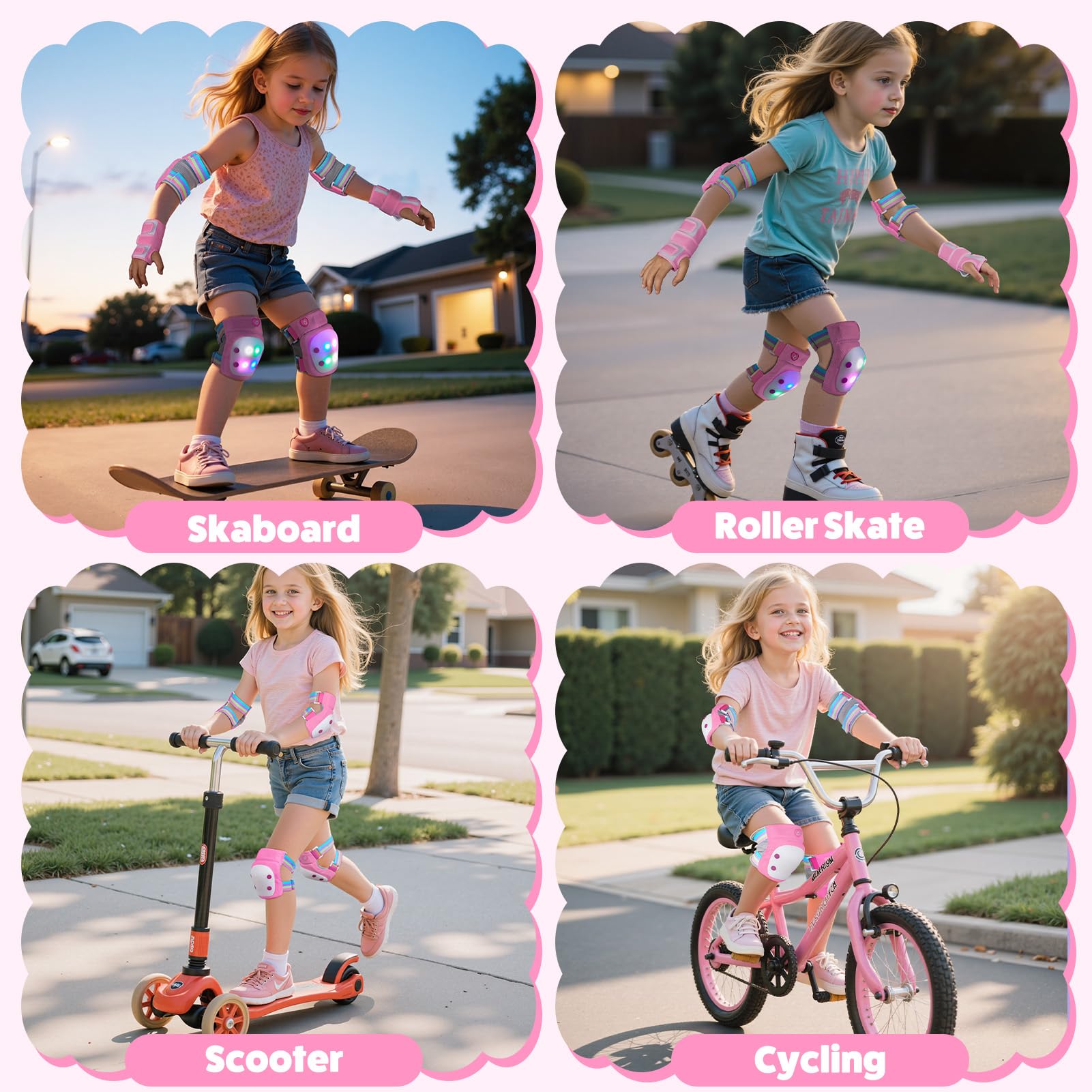 Knee Pads for Kids with LED Lights, Kids Knee Pads and Elbow Pads Wrist Guards Set with Drawstring Bag for Girls 3-8 Years Adjustable Protective Gear Set for Scootering Cycling Skateboarding