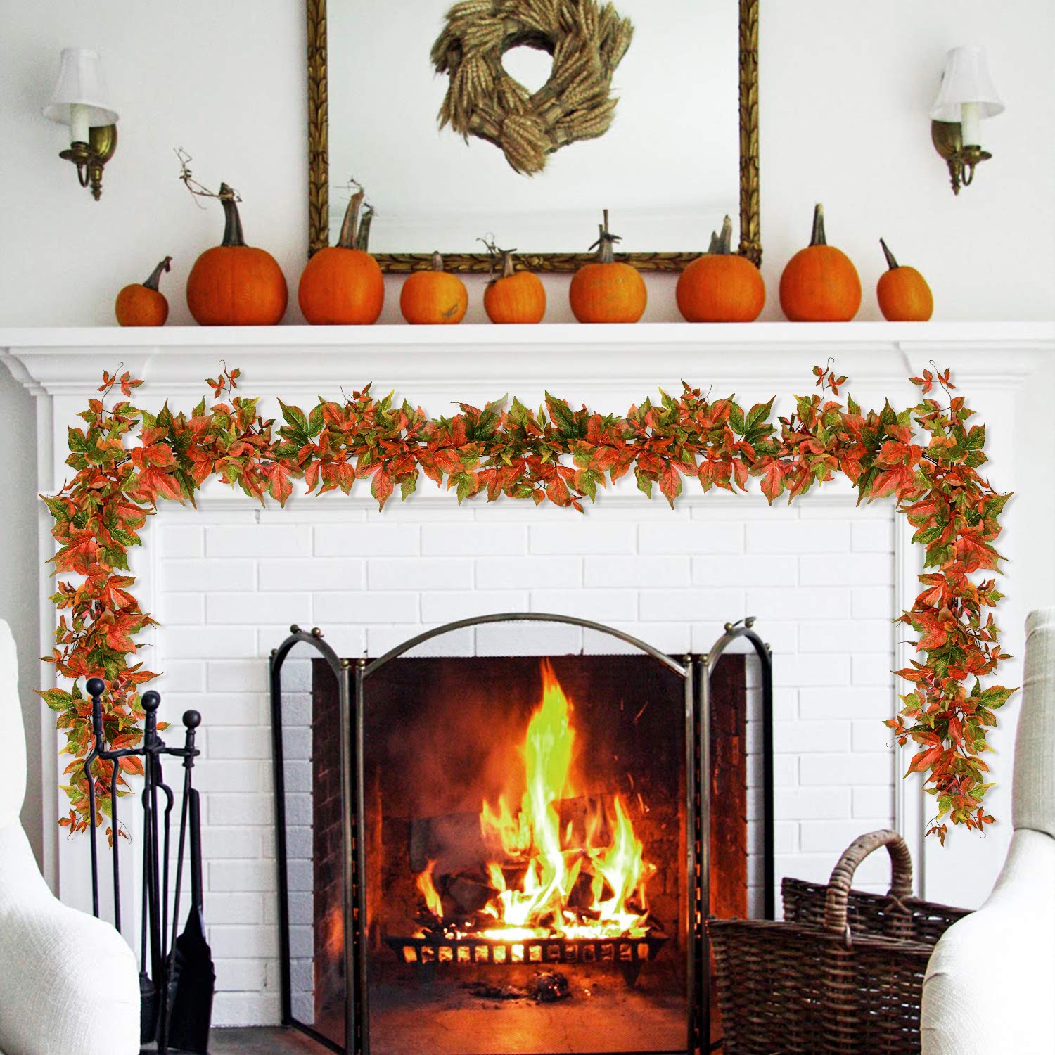 Ghirlanda Autunnale Di Foglie D'acero Artificiale, 2 Pezzi Con 4 Ganci, Decorazione Per Natale, Matrimoni E Caminetti Addobbi Autunnali Per Casa