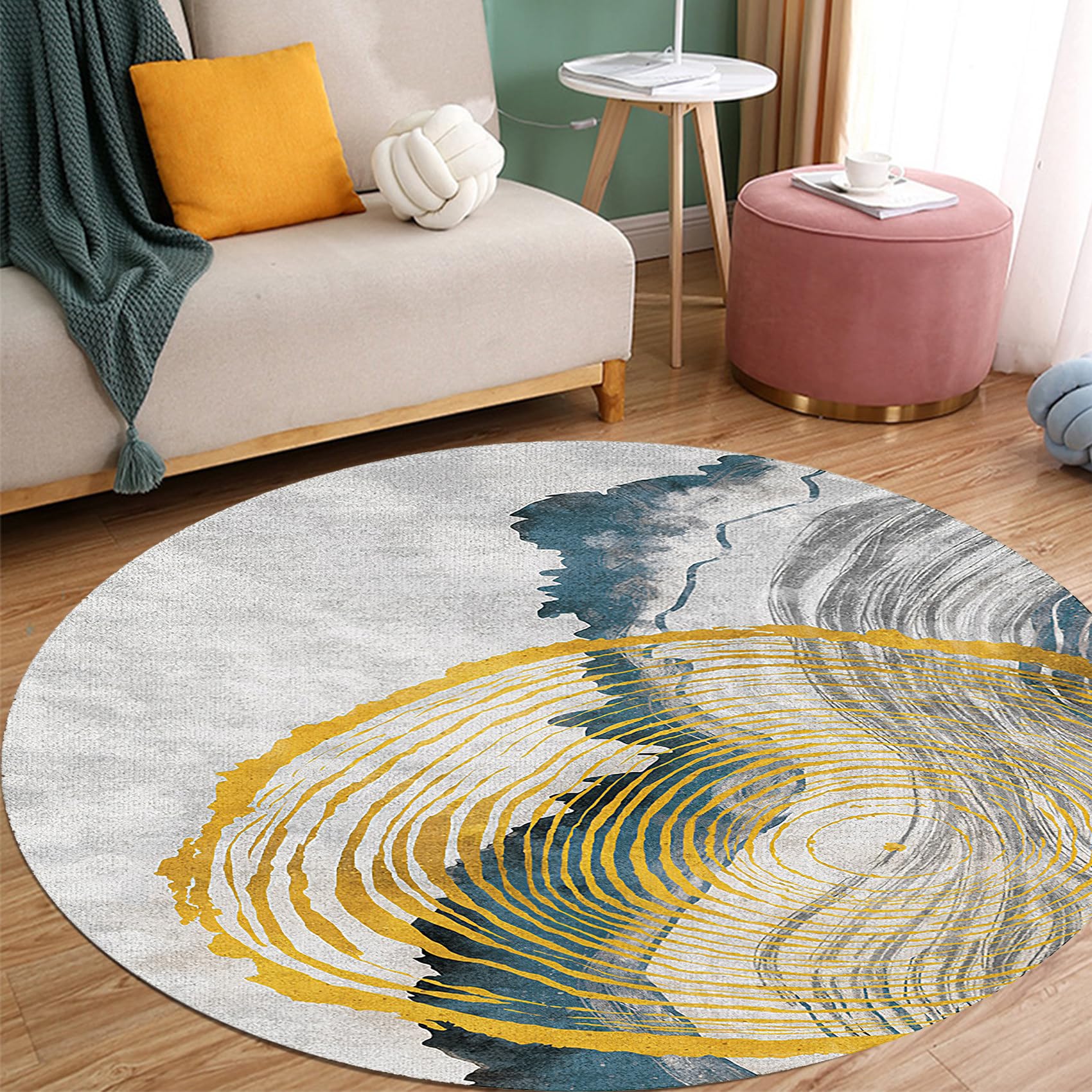 Teppich Rund Deko InnenBlue Round 200cm the Carpet Blau Gelb Grau Moderne Dekorative MusterWaschbar rutschfest weich Deko Schlafzimmer Küche Esszimmer Sofa