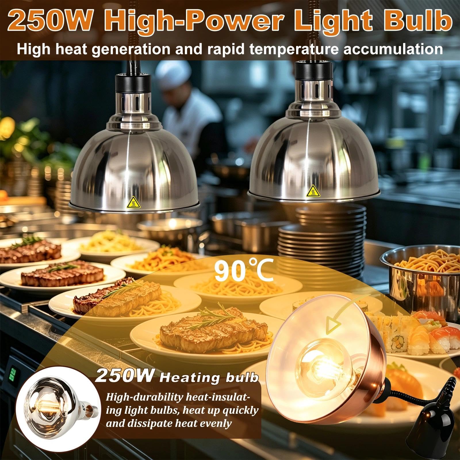 Lampara de Calor Cocina, Altura Regulable 60-180cm (B-25cm, 2 Piezas) | Lampara de Calor para Alimentos, Lampara Calentador Comida para Cocina Buffet Hostelería, 250W 220V