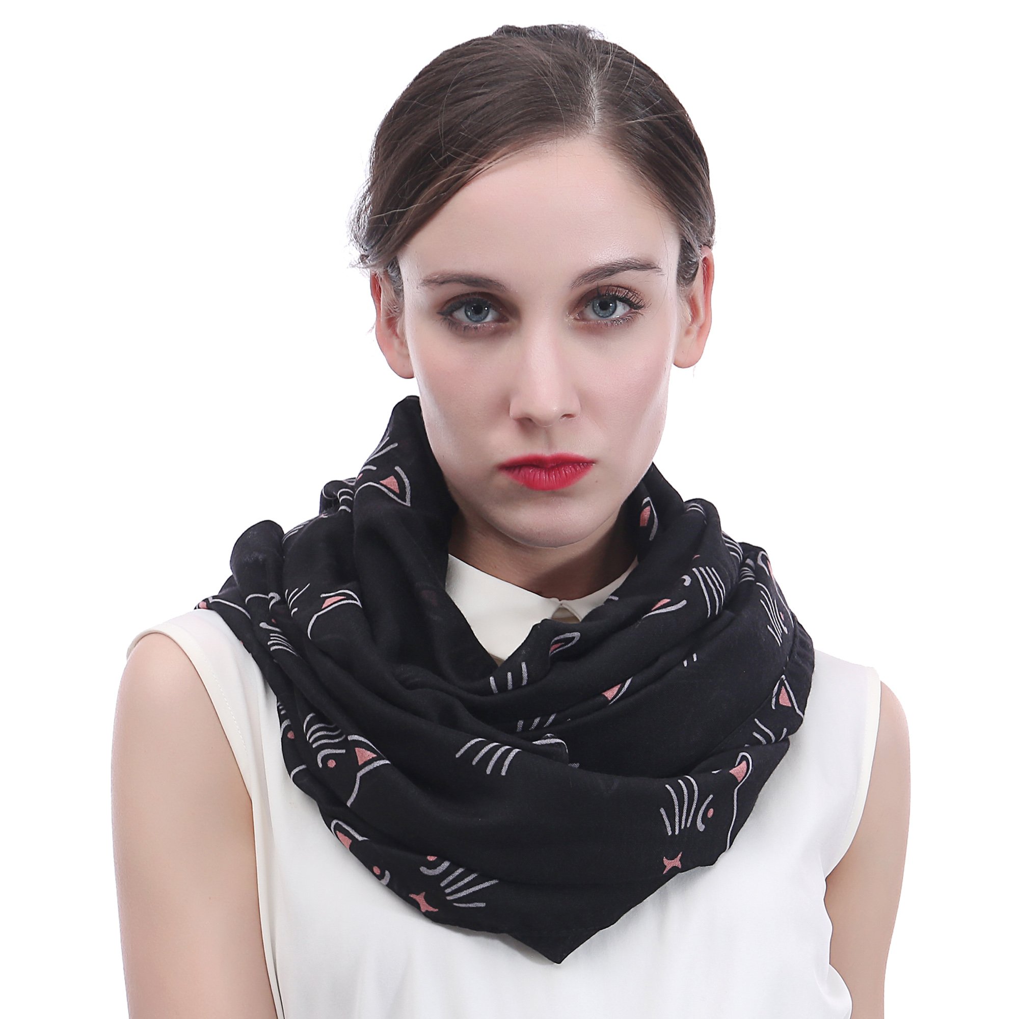 Lina & Lily Cat Print Women's Infinity Scarf Snood Lightweight (Black)