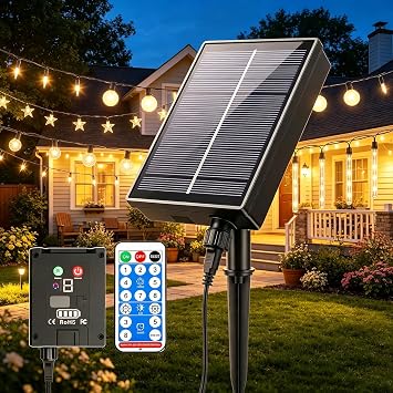 Yowin Solar Panel for Outdoor Lights 24V Solar Outlet with Remote Control | 8 Modes Replacement Panel Adapter with 1200mAh Lithium Battery Box, Type-C Charging for String Lights Outdoor Waterproof