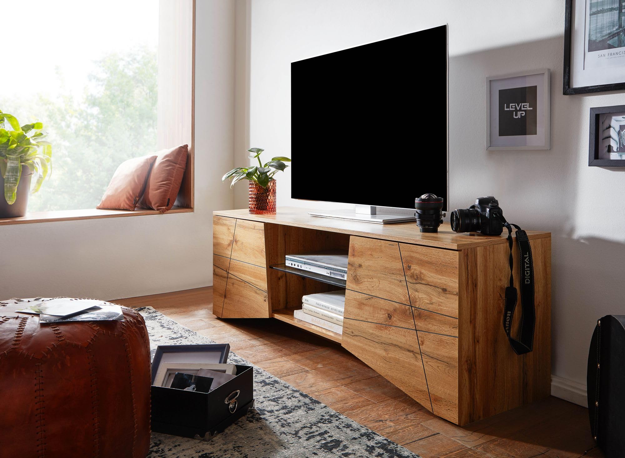 FineBuy Lowboard 160x40x50 cm Eiche-Dekor Braun, TV-Schrank Kachelmuster