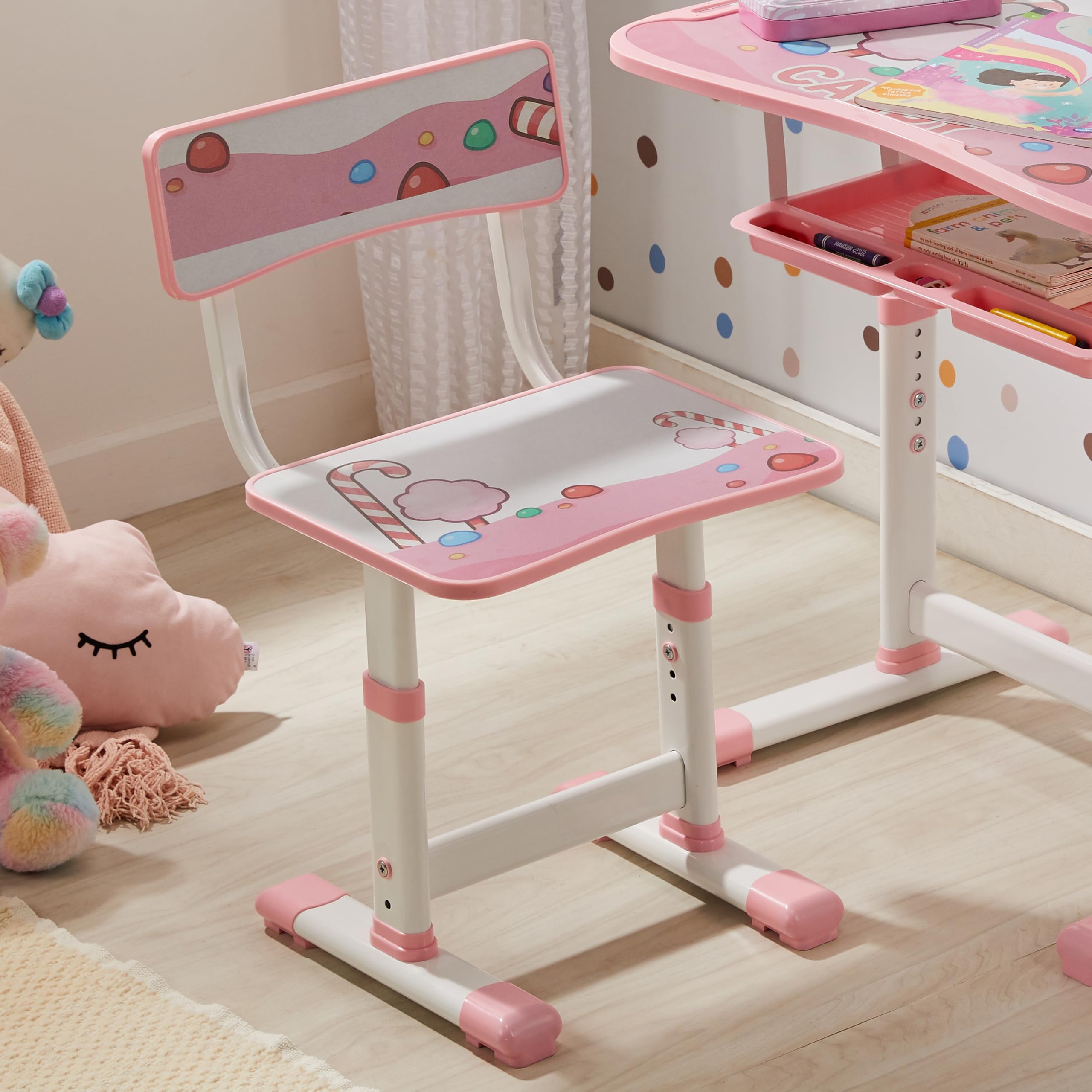 Amazon Brand - Supples Study Table for Kids | Suitable for 3-12 Years | Kids Study Table with Height Adjustable Table & Chair, Book Storage & Pen Holder | Pink | Candy Print - Image 5 thumbnail