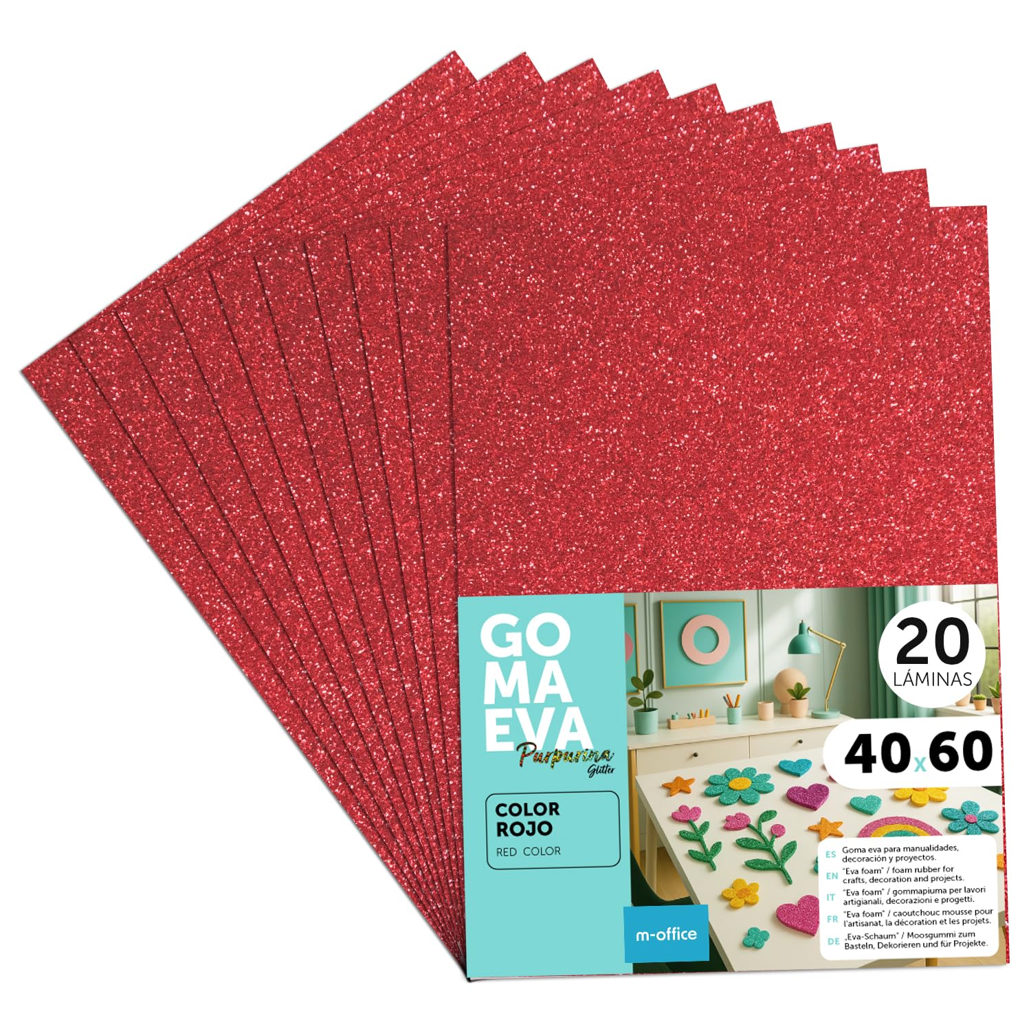 m-office Moosgummi Platten mit Glitzer 40x60cm, Bunte EVA Foam Bastelplatten für Kinder, DIY, Schule, Deko & Kunstprojekte – Ideal als Bastelpapier, Moosgummi mit Glitzer (Rot, 20 uds)