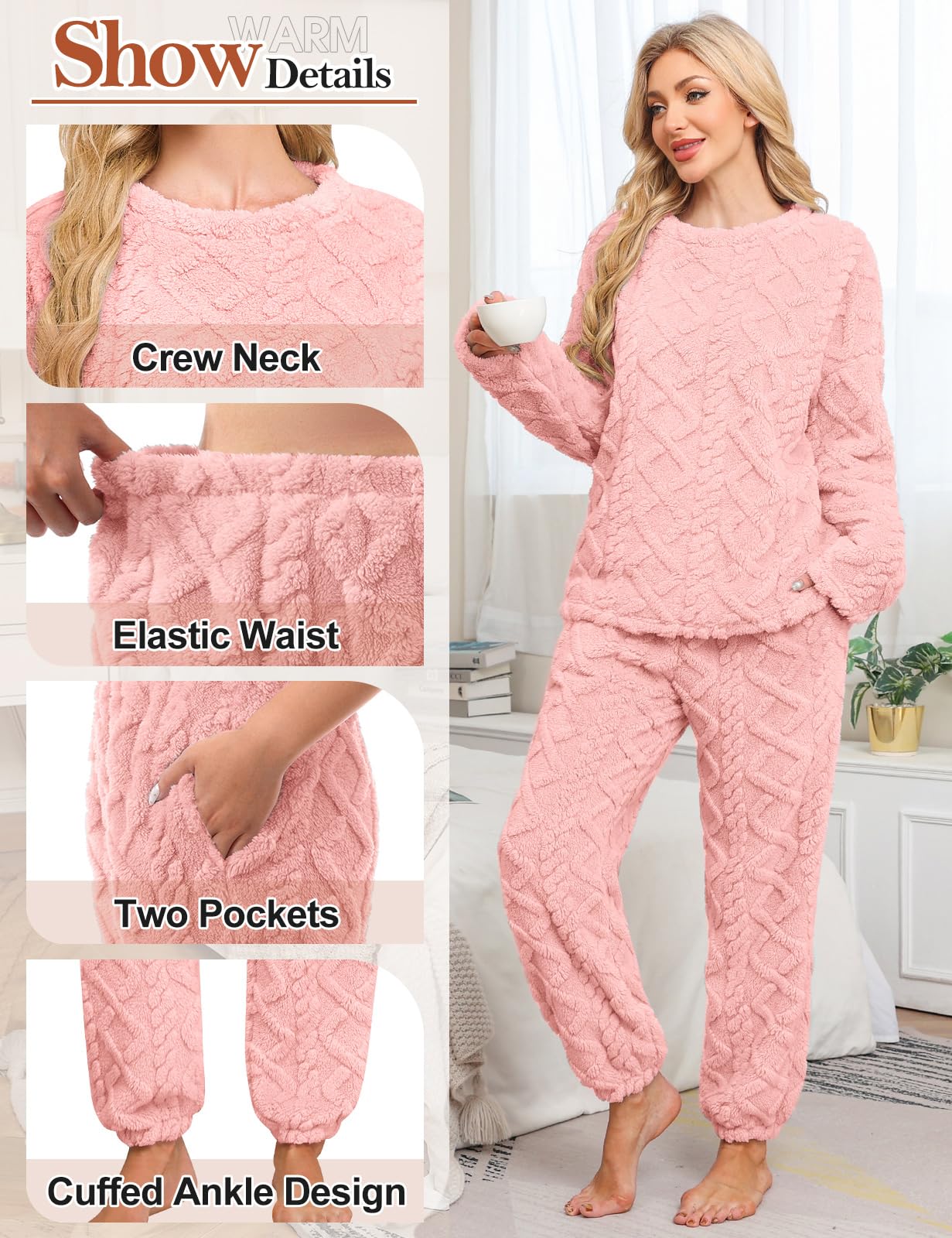 Niwicee Pigiama Donna Invernale Pile Pigiami Caldo Felpato Pigiama Flanella Donna Abbigliamento da Notte Lounge Pigiami Due Pezzi Felpa a Maniche Lunghe e Pantaloni con Tasche