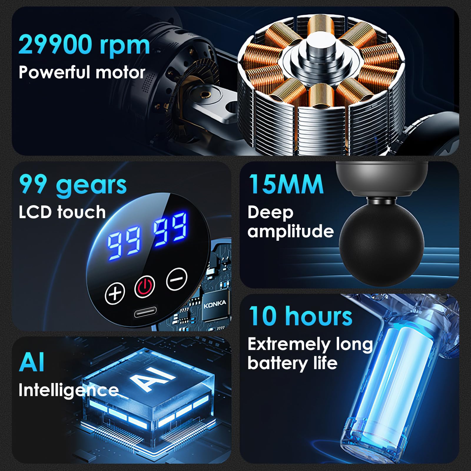 Pistolet Masazujący Mięśni 99 Regulowanych Prędkości, 8 Głowic Masazujących, Ekran LCD 29900 Obr/min, Z Ładowaniem USB I Pudełką Do Przechowywania, Do Zmniejszania Bolów Mięśniowych