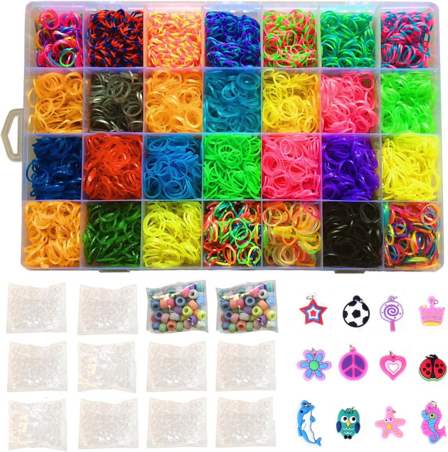 Kiserena Loom Band Refill Kit - Includes 7000 Rainbow Rubber Bands in 28 Different Colors, 350 S Clips, 12 Charms, 100 Beads and Mega Organizer Case - Perfect Birthday Gift for Kids