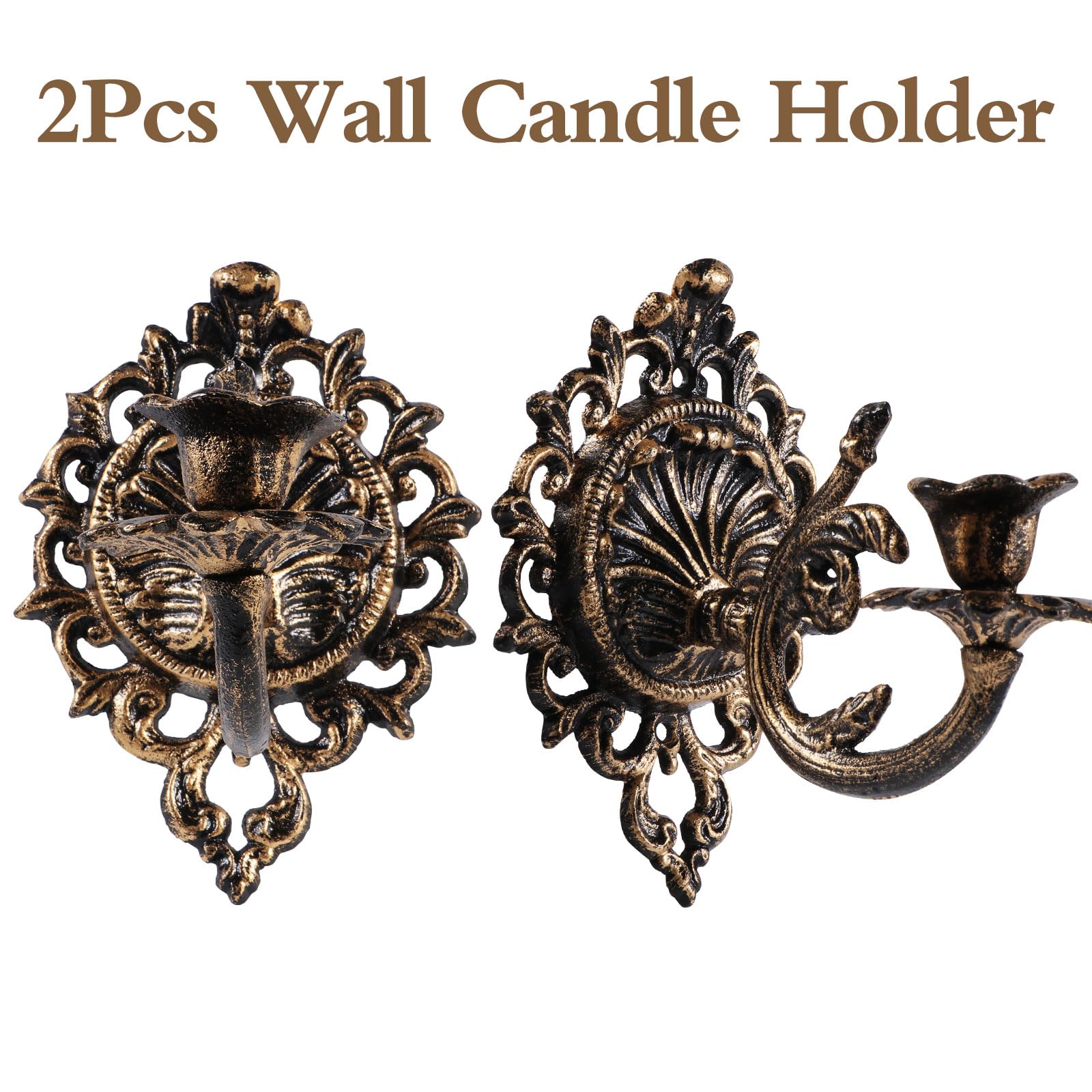 Polifish Wandkerzenhalter aus Gusseisen, Antik-Gold, Wand-Kerzenhalter, Wanddekoration, für Wohnzimmer, Kamin und Hofkanal, 2 Stück