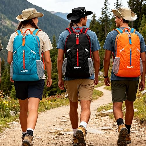 Miniatura 7 de Mochila de senderismo plegable de 25L ligera, plegable, básica, bolsa plegable resistente al agua, para hombres y mujeres, Azul lago, Grande, A