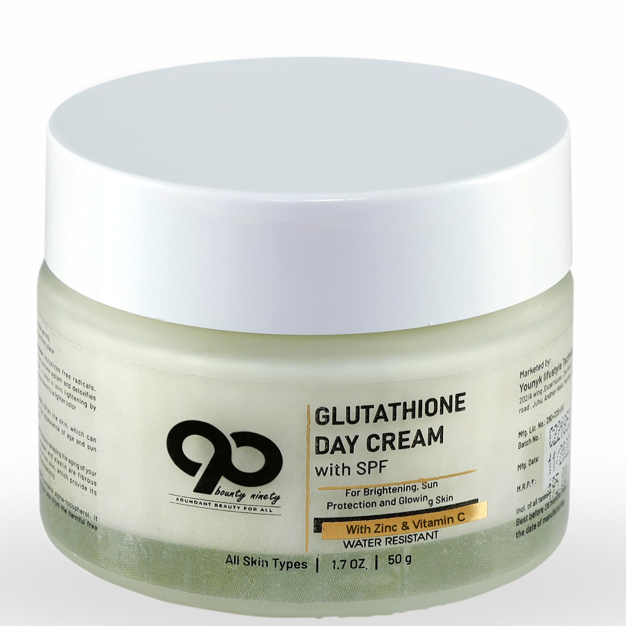 90 bounty ninety Glutatione Day Cream With Spf (50Gm)|Whitening Craeam Reduces Dark Spots |For Glowing And Glass Skin With Vitamin A, C & E Suitable For All Skin Types